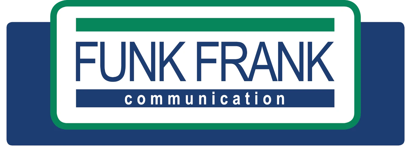 Logo von Funk Frank Communication mit grün-blauem Rahmen und modernem Schriftzug.