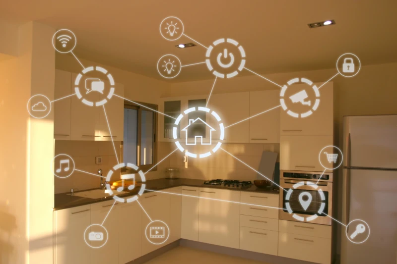 Moderne Küche mit Symbolen für Smart Home und vernetztes intelligentes Wohnen.