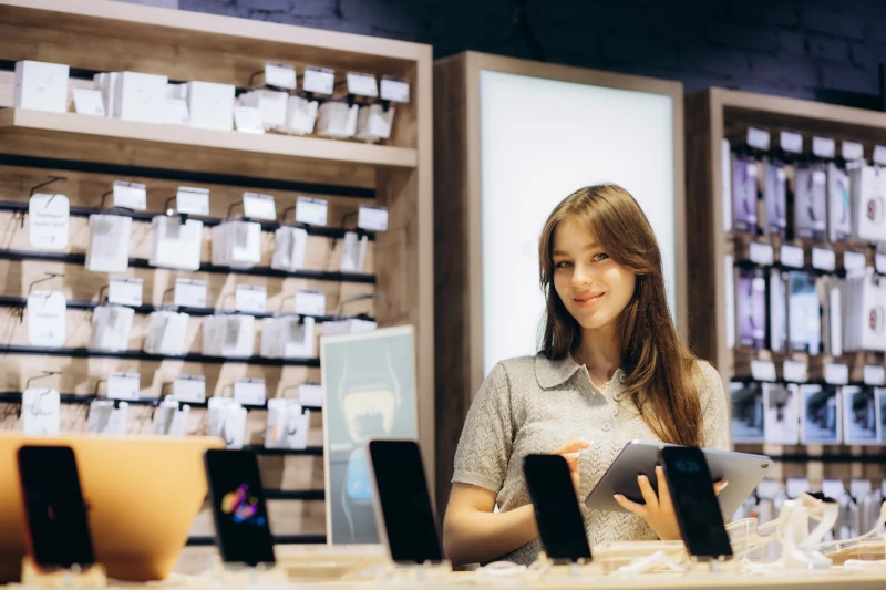 Junge Frau berät im Elektronikladen zu Smartphones und Tablets vor Zubehörwand.